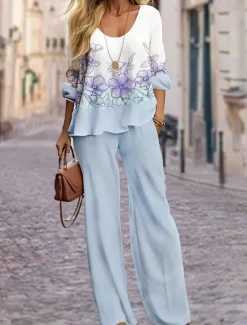 Women's 2 Pieces Fashion Shirt Pants Sets Wide Leg Pants Trousers Long Sleeve Round Neck Floral Print Casual Daily Pink Blue Green Spring & Fall Regular Fit Women Two Piece Sets