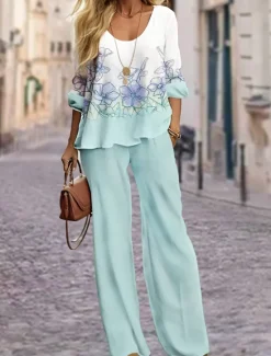 Women's 2 Pieces Fashion Shirt Pants Sets Wide Leg Pants Trousers Long Sleeve Round Neck Floral Print Casual Daily Pink Blue Green Spring & Fall Regular Fit Women Two Piece Sets