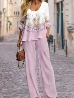 Women's 2 Pieces Fashion Shirt Pants Sets Wide Leg Pants Trousers Long Sleeve Round Neck Floral Print Casual Daily Pink Blue Green Spring & Fall Regular Fit Women Two Piece Sets