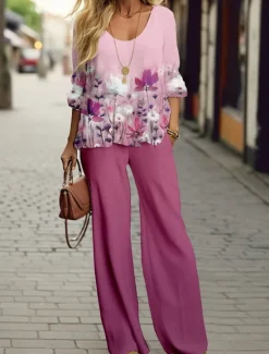 Discount Women's 2 Pieces Fashion Shirt Pants Sets Wide Leg Pants Trousers Long Sleeve Round Neck Floral Print Casual Daily Pink Blue Green Spring & Fall Regular Fit Women Two Piece Sets