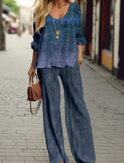 Discount Women's 2 Pieces Fashion Shirt Pants Sets Wide Leg Pants Trousers Long Sleeve Round Neck Graphic Print Casual Daily Red Blue Spring & Fall Regular Fit Women Two Piece Sets