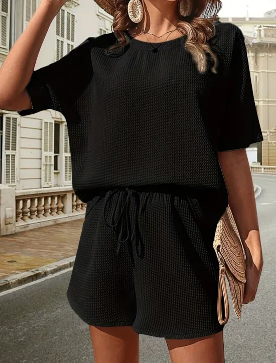 Hot Women's 2 Pieces Fashion Streetwear Daily Shorts Sets Short Sleeve Crew Neck Solid Color Drawstring Casual Daily Black White Pink Summer Loose Fit Women Two Piece Sets