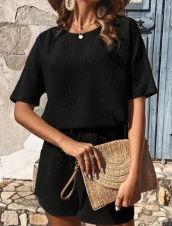 Hot Women's 2 Pieces Fashion Streetwear Daily Shorts Sets Short Sleeve Crew Neck Solid Color Drawstring Casual Daily Black White Pink Summer Loose Fit Women Two Piece Sets