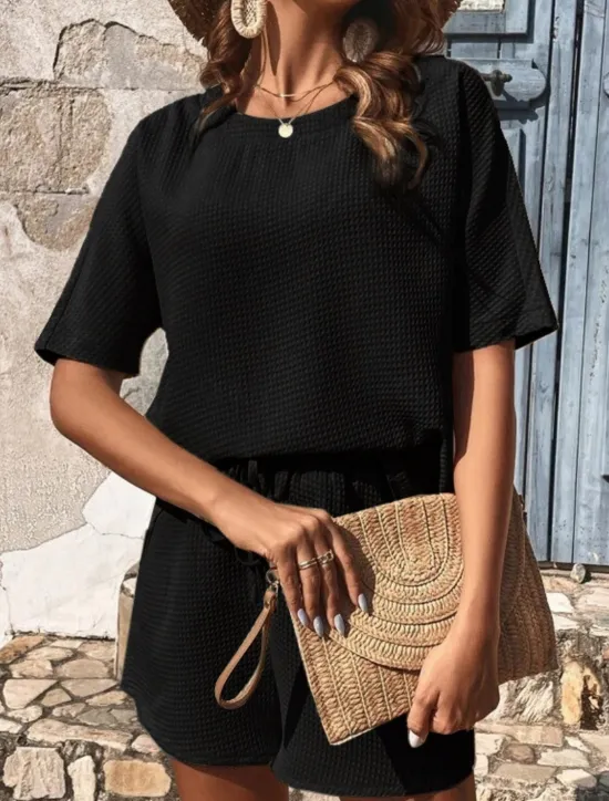 Hot Women's 2 Pieces Fashion Streetwear Daily Shorts Sets Short Sleeve Crew Neck Solid Color Drawstring Casual Daily Black White Pink Summer Loose Fit Women Two Piece Sets