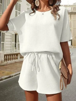 Hot Women's 2 Pieces Fashion Streetwear Daily Shorts Sets Short Sleeve Crew Neck Solid Color Drawstring Casual Daily Black White Pink Summer Loose Fit Women Two Piece Sets