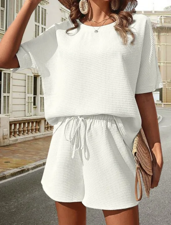 Hot Women's 2 Pieces Fashion Streetwear Daily Shorts Sets Short Sleeve Crew Neck Solid Color Drawstring Casual Daily Black White Pink Summer Loose Fit Women Two Piece Sets
