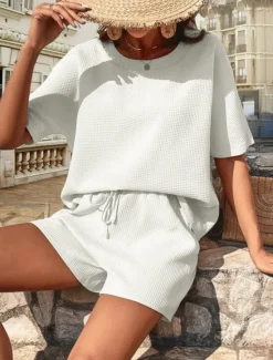 Hot Women's 2 Pieces Fashion Streetwear Daily Shorts Sets Short Sleeve Crew Neck Solid Color Drawstring Casual Daily Black White Pink Summer Loose Fit Women Two Piece Sets