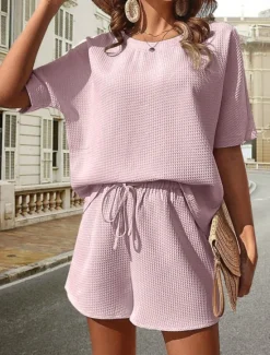Hot Women's 2 Pieces Fashion Streetwear Daily Shorts Sets Short Sleeve Crew Neck Solid Color Drawstring Casual Daily Black White Pink Summer Loose Fit Women Two Piece Sets