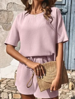 Hot Women's 2 Pieces Fashion Streetwear Daily Shorts Sets Short Sleeve Crew Neck Solid Color Drawstring Casual Daily Black White Pink Summer Loose Fit Women Two Piece Sets