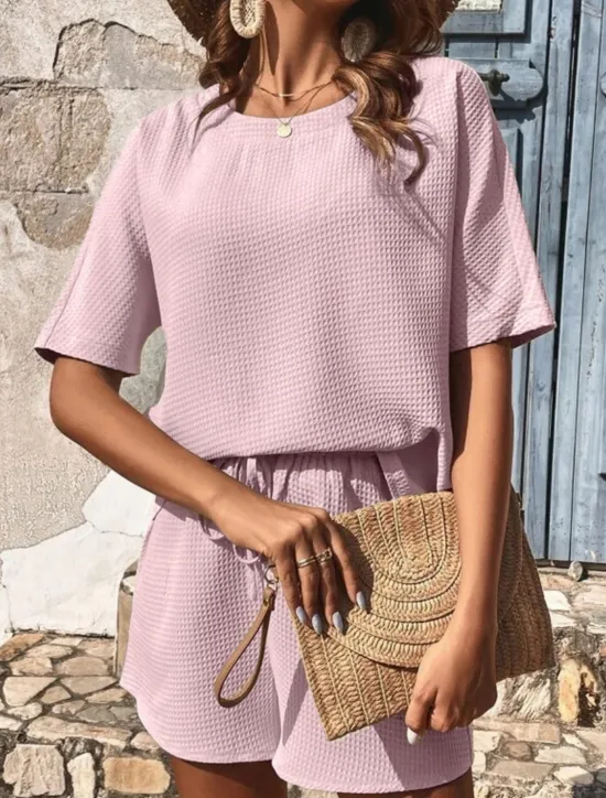 Hot Women's 2 Pieces Fashion Streetwear Daily Shorts Sets Short Sleeve Crew Neck Solid Color Drawstring Casual Daily Black White Pink Summer Loose Fit Women Two Piece Sets