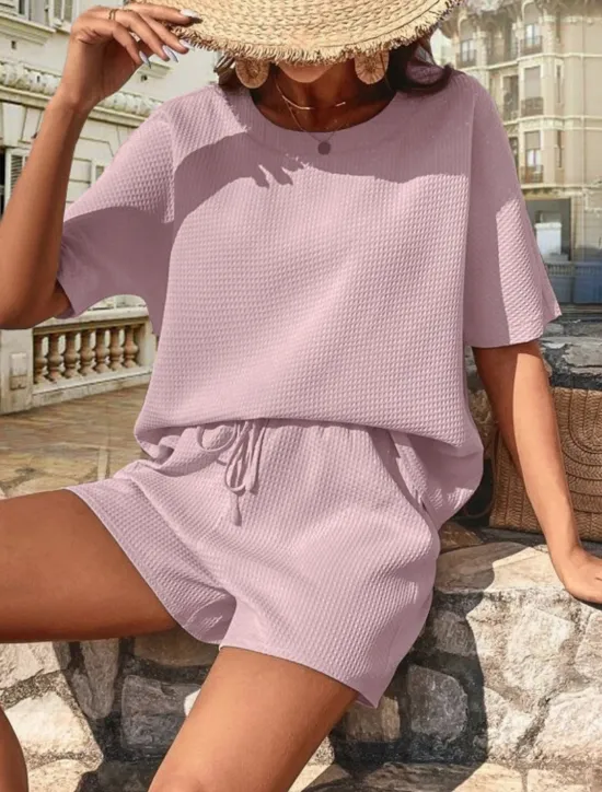 Hot Women's 2 Pieces Fashion Streetwear Daily Shorts Sets Short Sleeve Crew Neck Solid Color Drawstring Casual Daily Black White Pink Summer Loose Fit Women Two Piece Sets