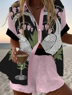 Sale Women's 2 Pieces Fashion Streetwear Daily Shorts Sets Short Sleeve Shirt Collar Floral Graphic Print Vacation Casual Daily Yellow Pink Red Summer Regular Fit Women Two Piece Sets