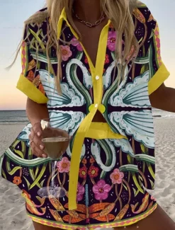 Sale Women's 2 Pieces Fashion Streetwear Daily Shorts Sets Short Sleeve Shirt Collar Floral Graphic Print Vacation Casual Daily Yellow Pink Red Summer Regular Fit Women Two Piece Sets