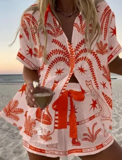 Sale Women's 2 Pieces Fashion Streetwear Daily Shorts Sets Short Sleeve Shirt Collar Floral Graphic Print Vacation Casual Daily Yellow Pink Red Summer Regular Fit Women Two Piece Sets