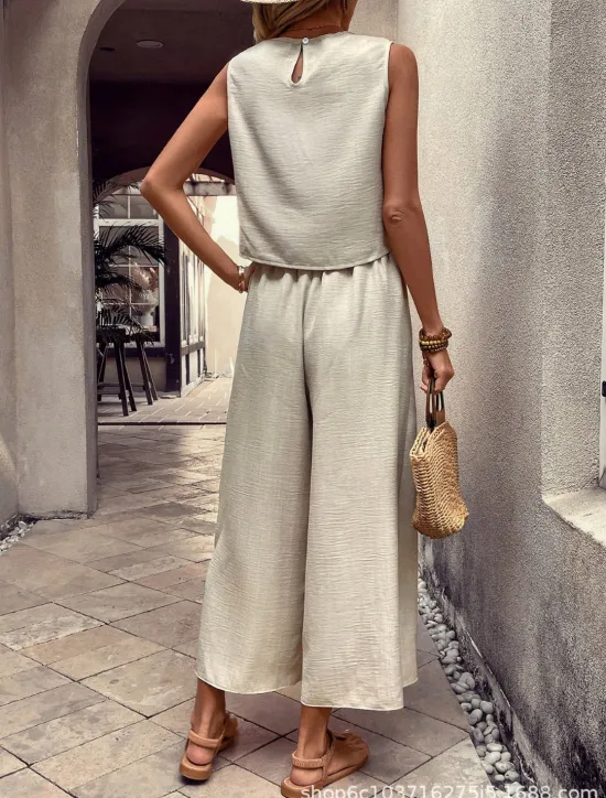 Best Women's 2 Pieces Fashion Streetwear Daily Pants Sets Sleeveless Crew Neck Solid Color Drawstring Vacation Casual Daily Pink Blue Orange Summer Loose Fit Women Two Piece Sets