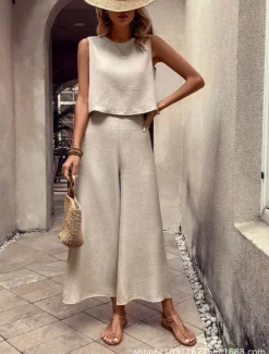 Best Women's 2 Pieces Fashion Streetwear Daily Pants Sets Sleeveless Crew Neck Solid Color Drawstring Vacation Casual Daily Pink Blue Orange Summer Loose Fit Women Two Piece Sets