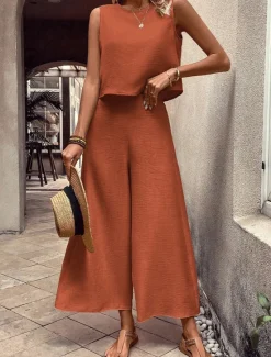 Best Women's 2 Pieces Fashion Streetwear Daily Pants Sets Sleeveless Crew Neck Solid Color Drawstring Vacation Casual Daily Pink Blue Orange Summer Loose Fit Women Two Piece Sets