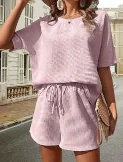 Hot Women's 2 Pieces Fashion Streetwear Daily Shorts Sets Short Sleeve Round Neck Graphic Drawstring Casual Daily White Pink Green Summer Regular Fit Women Two Piece Sets