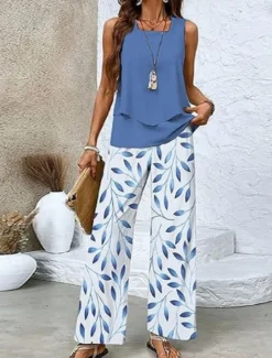 Best Women's 2 Pieces Fashion Streetwear Daily Camis Pants Sets Sleeveless Square Neck Floral Graphic Print Outdoor Casual Daily White Navy Blue Royal Blue Summer Loose Fit Women Two Piece Sets