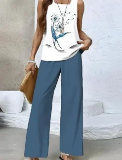 Best Women's 2 Pieces Fashion Streetwear Daily Camis Pants Sets Sleeveless Square Neck Floral Graphic Print Outdoor Casual Daily White Navy Blue Royal Blue Summer Loose Fit Women Two Piece Sets