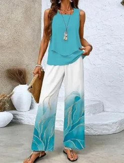 Best Women's 2 Pieces Fashion Streetwear Daily Camis Pants Sets Sleeveless Square Neck Floral Graphic Print Outdoor Casual Daily White Navy Blue Royal Blue Summer Loose Fit Women Two Piece Sets