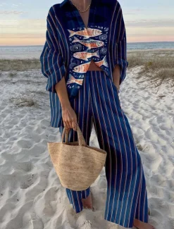 Sale Women's 2 Pieces Fashion Streetwear Daily Pants Sets Long Sleeve Shirt Collar Graphic Casual Daily Beach Red Navy Blue Royal Blue Summer Regular Fit Women Two Piece Sets