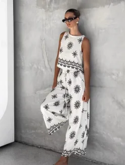 Clearance Women's 2 Pieces Fashion Streetwear Daily Pants Sets Sleeveless Crew Neck Graphic Paisley Drawstring Vacation Casual Daily Summer Loose Fit Women Two Piece Sets