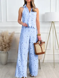 Sale Women's 2 Pieces Fashion Streetwear Daily Camis Pants Sets Sleeveless Shirt Collar Solid Color Patchwork Casual Daily White Yellow Blue Summer Regular Fit Women Two Piece Sets