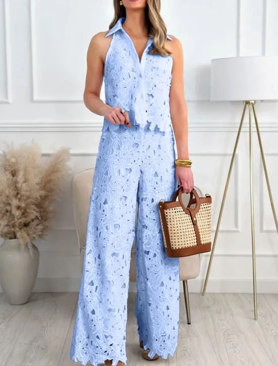 Sale Women's 2 Pieces Fashion Streetwear Daily Camis Pants Sets Sleeveless Shirt Collar Solid Color Patchwork Casual Daily White Yellow Blue Summer Regular Fit Women Two Piece Sets
