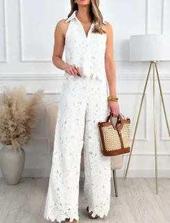 Sale Women's 2 Pieces Fashion Streetwear Daily Camis Pants Sets Sleeveless Shirt Collar Solid Color Patchwork Casual Daily White Yellow Blue Summer Regular Fit Women Two Piece Sets