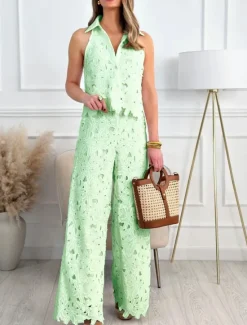 Sale Women's 2 Pieces Fashion Streetwear Daily Camis Pants Sets Sleeveless Shirt Collar Solid Color Patchwork Casual Daily White Yellow Blue Summer Regular Fit Women Two Piece Sets