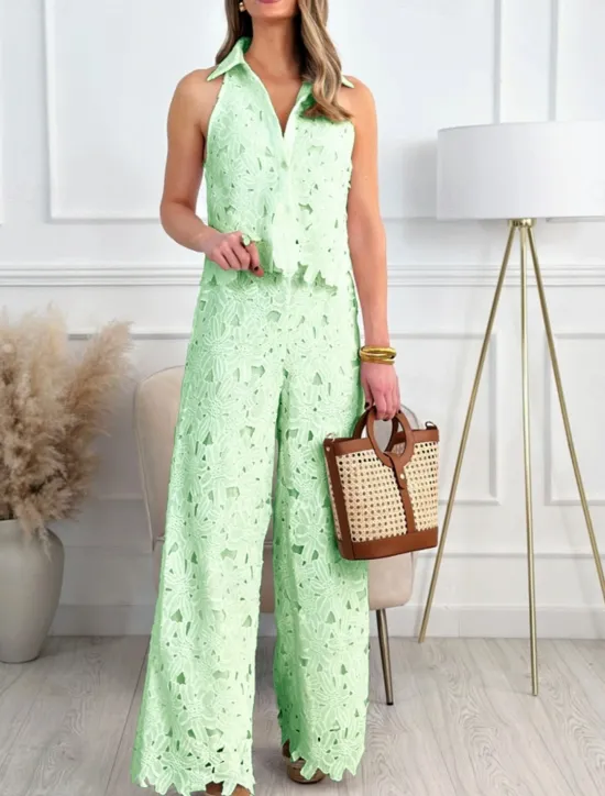 Sale Women's 2 Pieces Fashion Streetwear Daily Camis Pants Sets Sleeveless Shirt Collar Solid Color Patchwork Casual Daily White Yellow Blue Summer Regular Fit Women Two Piece Sets