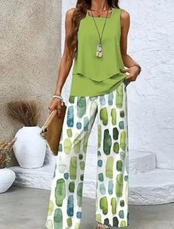 Discount Women's 2 Pieces Fashion Streetwear Daily Camis Pants Sets Sleeveless Square Neck Floral Graphic Print Outdoor Casual Daily Black White Blue Summer Loose Fit Women Two Piece Sets
