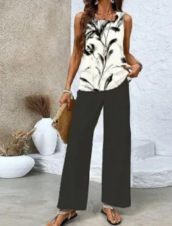 Discount Women's 2 Pieces Fashion Streetwear Daily Camis Pants Sets Sleeveless Square Neck Floral Graphic Print Outdoor Casual Daily Black White Blue Summer Loose Fit Women Two Piece Sets