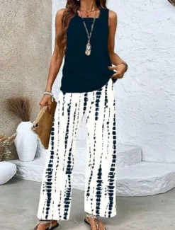 Discount Women's 2 Pieces Fashion Streetwear Daily Camis Pants Sets Sleeveless Square Neck Floral Graphic Print Outdoor Casual Daily Black White Blue Summer Loose Fit Women Two Piece Sets
