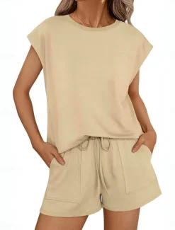 Sale Women's 2 Pieces Fashion Streetwear Daily Shorts Sets Short Sleeve Round Neck Solid Color Drawstring Casual Daily Black Fuchsia Khaki Summer Regular Fit Women Two Piece Sets