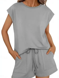 Sale Women's 2 Pieces Fashion Streetwear Daily Shorts Sets Short Sleeve Round Neck Solid Color Drawstring Casual Daily Black Fuchsia Khaki Summer Regular Fit Women Two Piece Sets