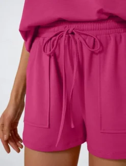 Sale Women's 2 Pieces Fashion Streetwear Daily Shorts Sets Short Sleeve Round Neck Solid Color Drawstring Casual Daily Black Fuchsia Khaki Summer Regular Fit Women Two Piece Sets