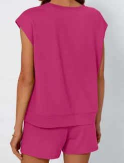 Sale Women's 2 Pieces Fashion Streetwear Daily Shorts Sets Short Sleeve Round Neck Solid Color Drawstring Casual Daily Black Fuchsia Khaki Summer Regular Fit Women Two Piece Sets