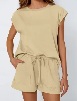 Sale Women's 2 Pieces Fashion Streetwear Daily Shorts Sets Short Sleeve Round Neck Solid Color Drawstring Casual Daily Black Fuchsia Khaki Summer Regular Fit Women Two Piece Sets