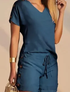 Sale Women's 2 Pieces Fashion Streetwear Daily Shorts Sets Short Sleeve V Neck Geometric Plain Drawstring Print Casual Daily Yellow Blue Orange Summer Regular Fit Women Two Piece Sets
