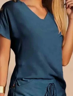 Sale Women's 2 Pieces Fashion Streetwear Daily Shorts Sets Short Sleeve V Neck Geometric Plain Drawstring Print Casual Daily Yellow Blue Orange Summer Regular Fit Women Two Piece Sets