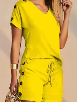 Sale Women's 2 Pieces Fashion Streetwear Daily Shorts Sets Short Sleeve V Neck Geometric Plain Drawstring Print Casual Daily Yellow Blue Orange Summer Regular Fit Women Two Piece Sets