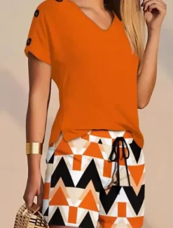 Sale Women's 2 Pieces Fashion Streetwear Daily Shorts Sets Short Sleeve V Neck Geometric Plain Drawstring Print Casual Daily Yellow Blue Orange Summer Regular Fit Women Two Piece Sets
