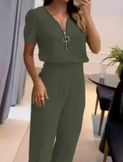 New Women's 2 Pieces Fashion Streetwear Daily Pants Sets Short Sleeve V Neck Plain Zipper Casual Daily Black Orange Green Summer Regular Fit Women Two Piece Sets