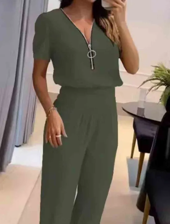 New Women's 2 Pieces Fashion Streetwear Daily Pants Sets Short Sleeve V Neck Plain Zipper Casual Daily Black Orange Green Summer Regular Fit Women Two Piece Sets