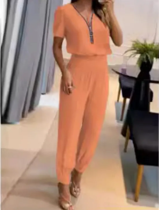 New Women's 2 Pieces Fashion Streetwear Daily Pants Sets Short Sleeve V Neck Plain Zipper Casual Daily Black Orange Green Summer Regular Fit Women Two Piece Sets