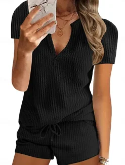 New Women's 2 Pieces Fashion Streetwear Daily Shorts Sets Short Sleeve V Neck Solid Color Drawstring Casual Daily Black White Gray Summer Regular Fit Women Two Piece Sets
