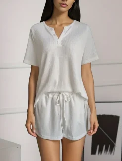New Women's 2 Pieces Fashion Streetwear Daily Shorts Sets Short Sleeve V Neck Solid Color Drawstring Casual Daily Black White Gray Summer Regular Fit Women Two Piece Sets