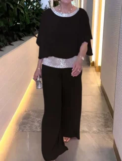 Online Women's 2 Pieces Fashion Streetwear Daily Pants Sets 3/4 Length Sleeve Crew Neck Solid Color Sequins Patchwork Casual Daily Black White Pink Summer Regular Fit Women Two Piece Sets